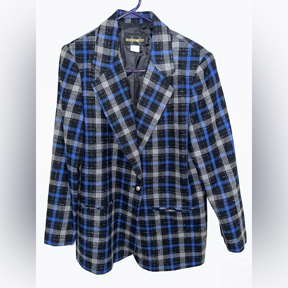 Vintage Requirements women Blue & Gray Plaid Wool Blend Jacket Overcoat Size 12